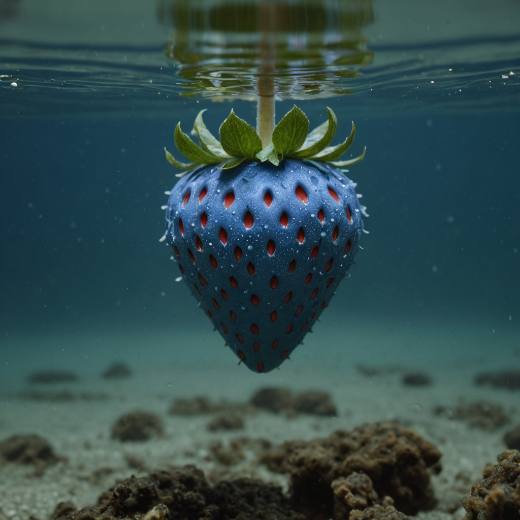 a blue strawberry underwater