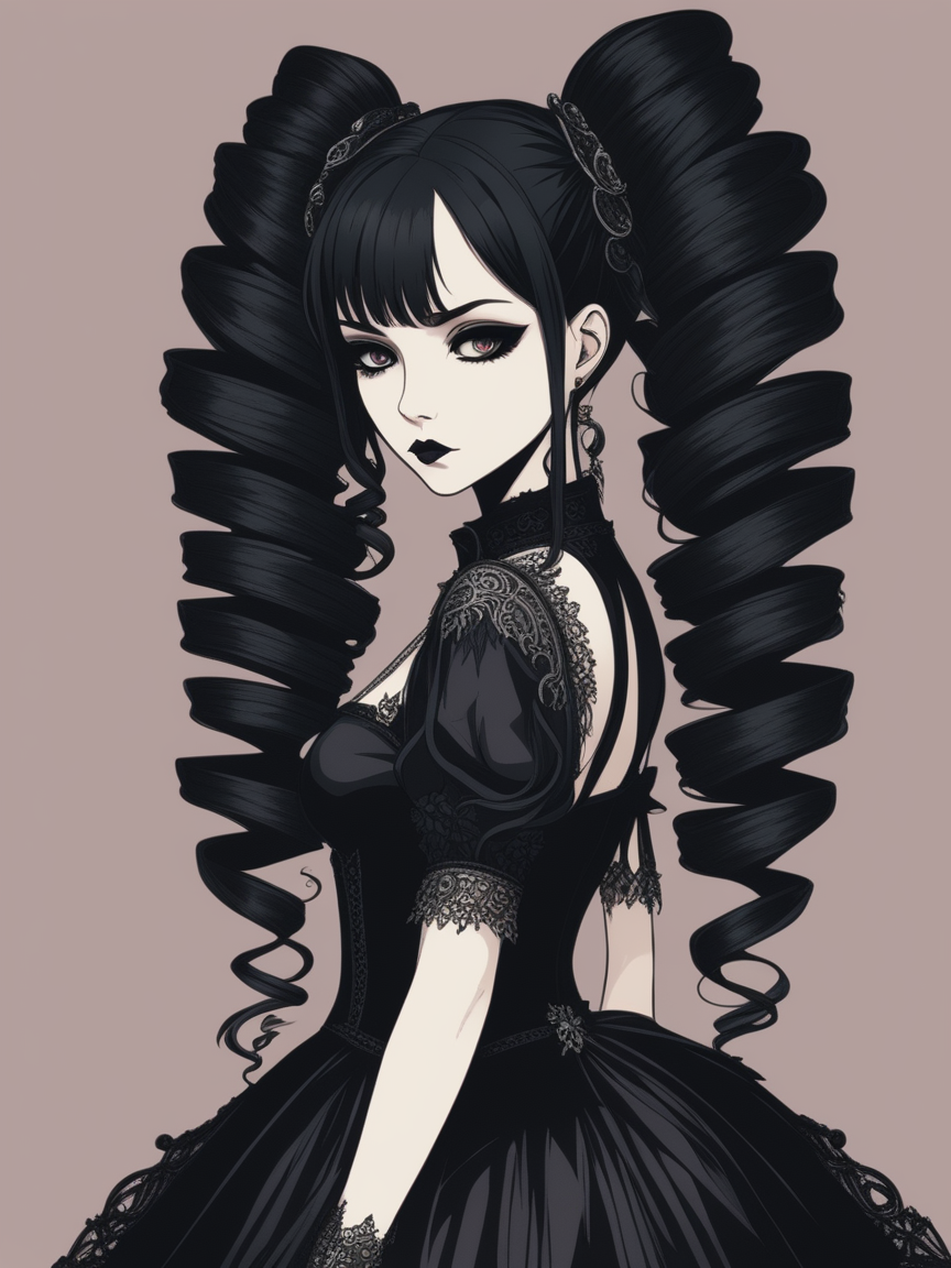 Gothic style Gothic style beautiful woman, solo, twintails, full body <lora:xl_mega_twin_drills-1.0:0.8> . Dark, mysterious, haunting, dramatic, ornate, detailed . Dark, mysterious, haunting, dramatic, ornate, detailed