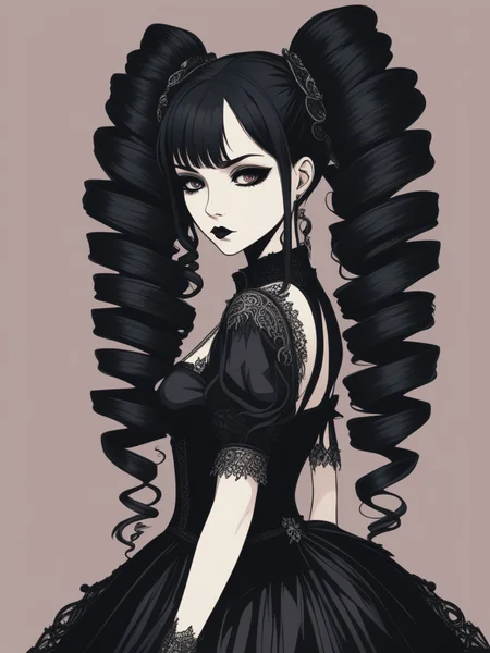 Gothic style Gothic style beautiful woman, solo, twintails, full body <lora:xl_mega_twin_drills-1.0:0.8> . Dark, mysterious, haunting, dramatic, ornate, detailed . Dark, mysterious, haunting, dramatic, ornate, detailed