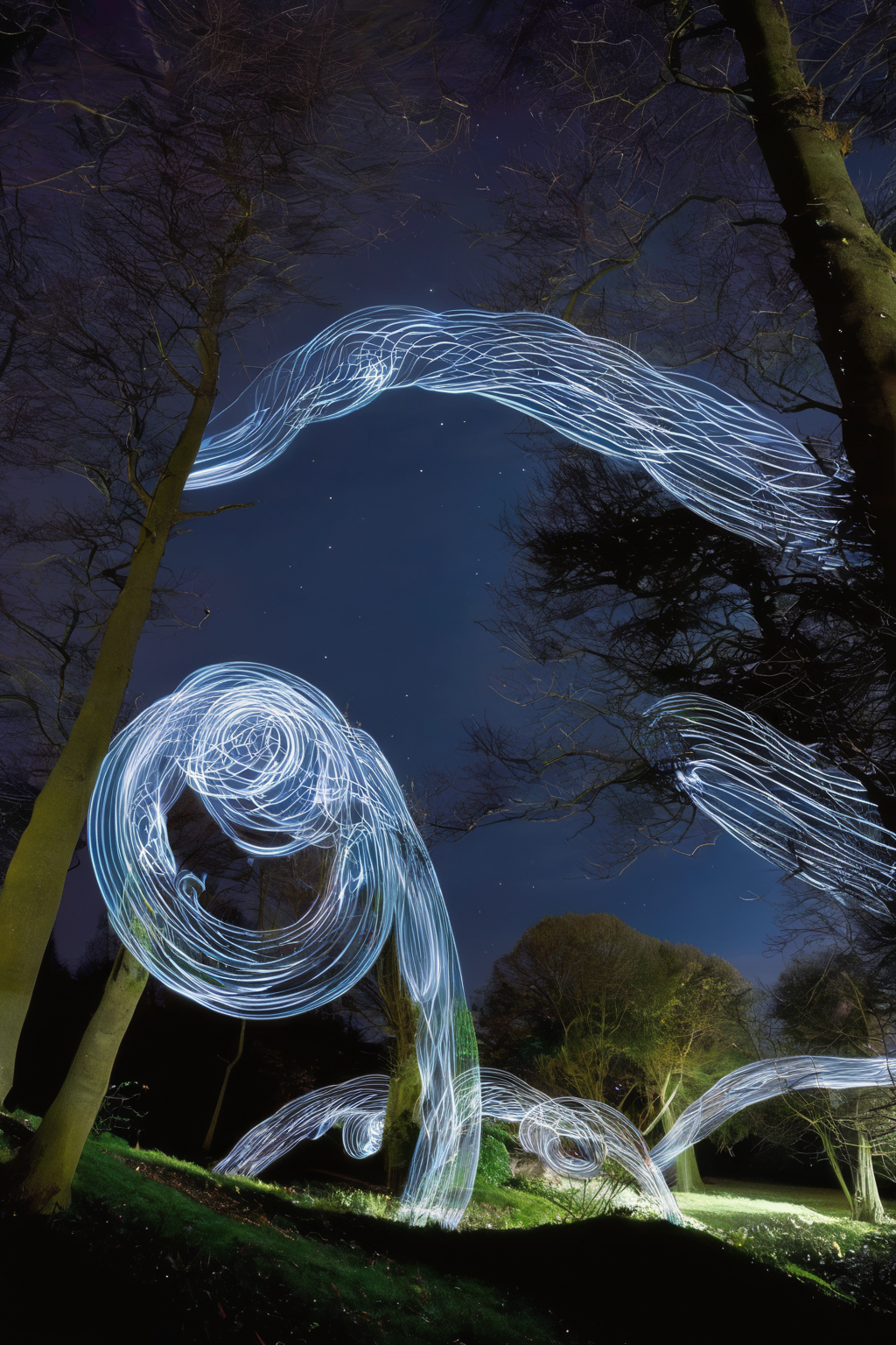 <lora:Photographer Martin Kimbell Style:1>Photographer Martin Kimbell Style - a long exposure photo of light painting in the night sky with trees in the foreground