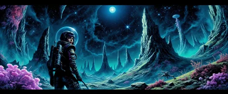 a female galactic explorer in a retrofuturistic astronaut suit is surveying a primordial distant world teeming with life and wonders, the focus is on the alien environment, bioluminescent flora glowing softly in vibrant hues of teal, purple, and cyan, massive, towering plants with translucent leaves reach into the night sky, casting an ethereal glow across the landscape, strange, otherworldly fungi emit a faint luminescence from the forest floor, delicate glowing spores float gently in the air, illuminating the thick, misty atmosphere, jagged alien rock formations rise in the distance, bathed in the soft glow of distant twin moons, the explorer, wearing a sleek spacesuit with a symmetrical elegant futuristic jetpack, looks over her shoulder, seemingly waiting for the viewer to follow, her silhouette partially illuminated by the ambient light of the flora, her figure dwarfed by the grandeur of the surreal landscape, mysterious bizarre extraterrestrial creatures watch from the shadows, the air is thick with an ancient, untouched magic, as if the world itself holds secrets of the universe, james webb space telescope, nebula in the sky, dark corners, <lora:james_webb_space_telescope-flux-by_motimalu:0.4> <lora:style-adventure_comic_book-flux-by_andreac75:0.76> <lora:style-fantastic_landscapes-flux-by_artifyai:0.2> <lora:style-dark_landscapes-flux-by_andreac75:0.52> <lora:image_enhancer-flux-by_dever:0.6>