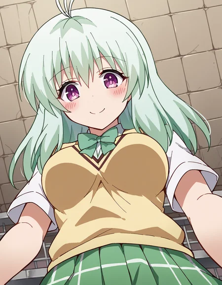 score_9, score_8_up, score_7_up, source_anime, <lora:run-elsie-jewelria-darkness-ponyxl-lora-nochekaiser:1>, run elsie jewelria, long hair, purple eyes, green hair, antenna hair, ahoge, hair between eyes, medium breasts, green skirt, plaid, plaid skirt, sainan high school uniform, school uniform, skirt, sweater vest, thighhighs, yellow sweater, short sleeves, bow, green bow,, prison cell, bars, bed, stone walls, isolation, , <lora:lap-pov-ponyxl-lora-nochekaiser:1>, lap pov, lap pillow, from below, ceiling, looking down, pov, blush, smile,, looking at viewer, solo,, dutch angle, cowboy shot