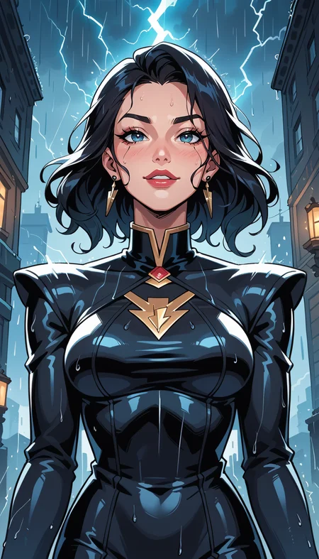 score_9, score_8_up, score_7_up, Western Comics, Portrait, girl, cute, seductive, innocent, light smile:0.3, plump lips, slender body, in a black long wavy decent dress, in heavy rain, storm, thunder and lightning, a dark and vague scene but quite clear and aesthetic in the eyes of the audience, fantasy art, mysterious picture, depth of field, dynamic angle, fashion photography, sharp, hyperdetailed:1.15