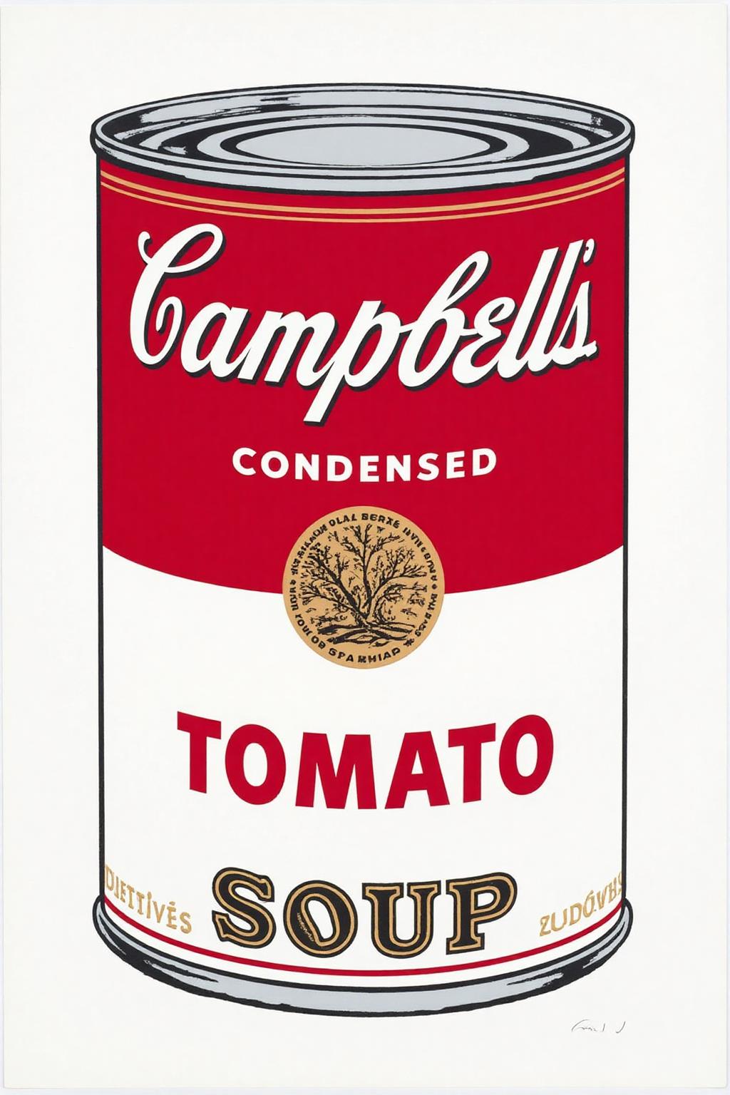 andywarhol1 illustration.
A Campbell's Soup can with a red and white label. The top half is red with "CAMPBELL'S" written in white and "CONDENSED" in smaller, bold white letters below.  The bottom of the can says "TOMATO SOUP". <lora:andywarhol1_cap_d6a3:1.0><lora:836293917373883036:0>