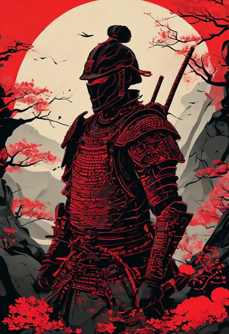 Japanese Samurai warrior in armor, zen garden, spring, sunshine, sakura, meditation, stream, rock garden,
black and red color palette, cybernetic design, futuristic elements, bold lines, flat colors, simple details, retro-futuristic vibe