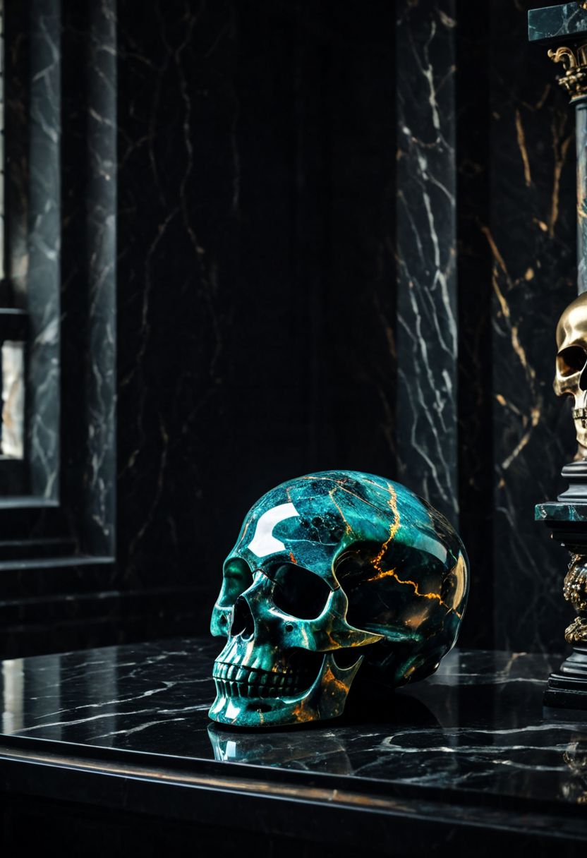 Fujifilm XT3, Sony A7 IV, (award winning photography) a (black: 0.89) marble skull made of opal (Kintsugi: 0.89) set on a pedestal in temple, glistening. in the background beautiful pillars, divine (iridescent: 0.79), opalescent textures, volumetric light, ethereal, sparkling, studio photo, highly detailed, sharp focus (highest quality: 1.39) (highest coherency: 1.39) (award winning photography), highly detailed photography, (muted colors, cinematic, dim colors, soothing tones:1.2), vibrant, insanely detailed, hyperdetailed, (dark shot:1.2), (vsco:0.3), (intricate details:0.9), (hdr, hyperdetailed:1.2) (vignette), sss, raw photo, fijifilm, kodak, cinematic film grain
