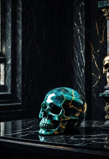 Fujifilm XT3, Sony A7 IV, (award winning photography) a (black: 0.89) marble skull made of opal (Kintsugi: 0.89) set on a pedestal in temple, glistening. in the background beautiful pillars, divine (iridescent: 0.79), opalescent textures, volumetric light, ethereal, sparkling, studio photo, highly detailed, sharp focus (highest quality: 1.39) (highest coherency: 1.39) (award winning photography), highly detailed photography, (muted colors, cinematic, dim colors, soothing tones:1.2), vibrant, insanely detailed, hyperdetailed, (dark shot:1.2), (vsco:0.3), (intricate details:0.9), (hdr, hyperdetailed:1.2) (vignette), sss, raw photo, fijifilm, kodak, cinematic film grain