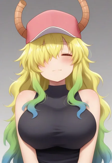 source_anime BREAK solo, 1girl,female, lucoa, blonde hair, blue hair, dragon girl, gradient hair, green hair, hair between eyes, horns, horns through headwear,pink hat, hair over eye, black tight tanktop,,closed eyes,<lora:Elbow_Squeeze__Concept_Lora-000007:1>,