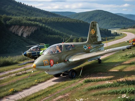 <lora:Me-163-Pony:0.9> me_163 aircraft, score_9,funny scene, pilot drinking coffee mid-flight, rocket-powered teacup, absurd aviation moment, exaggerated speed, surprised ground crew, aviation humor, unexpected situation, comedic concept art