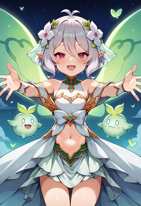 score_9, score_7_up, hd, (ultra hd quality details), source_anime, night, green hitodama,
solo, 1girl, pcrkok, grey hair, elf, antenna hair, red eyes,
kkpdress, hair flower, white robe, bare shoulders, sleeveless, clothing cutout, navel, fairy wings,
looking at viewer, blush, smile, half-closed eyes, open mouth,
spread arms,
<lora:_kokkoro-elesico-ponyr2:0.9>