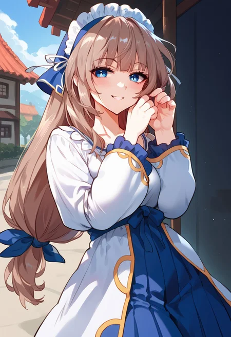 zPDXL3, score_9_up, score_8_up, score_7_up, (Anime_source), 1girl,Sistina, light brown hair, blue eyes, long hair, low tie ponytail, Sistina maid clothes, cowboy shot, looking at viewer, smile, little blush,