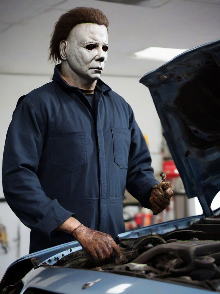 Masterpice,High Quality,
 <lora:PE_Michael Myers:0.8> PEMichaelMyers,
mechanic,fixing car,oil change