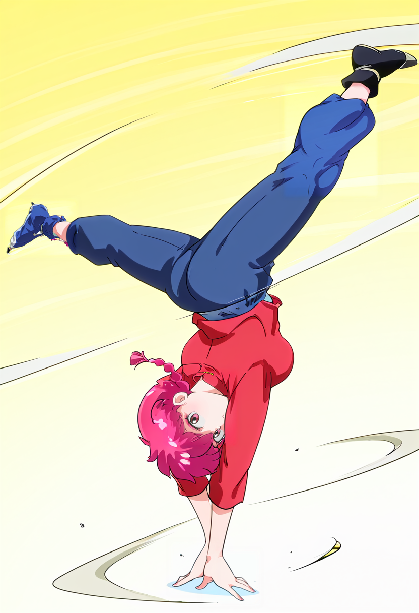 masterpiece, high quality, best quality, spinning_bird_kick, upside-down, kicking, spinning, split, 1girl, ranma2024, handstand, full body, looking at viewer, <lora:spinning_bird_kick:1>, <lora:Ranma-2024-Illous:1>