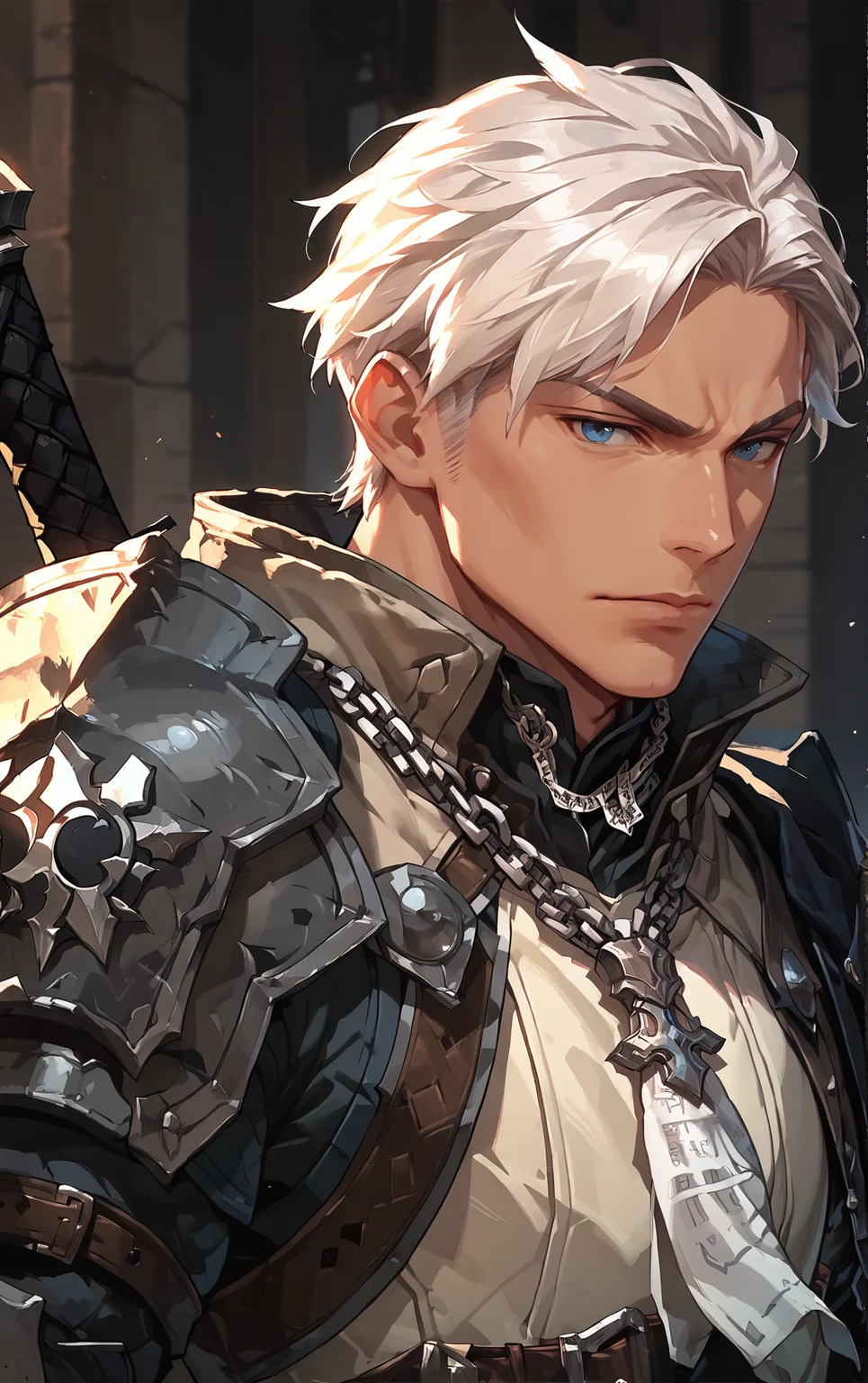 score_9_up, score_8_up, score_7_up, score_6_up, solo, 1boy, solo, crozet, male focus, bcrozet, 1boy, male focus, solo, white hair, short hair, side part, blue eyes, armor, steel pauldrons, partial portrait, mature, white tunic, chain necklace with paper, light skin, steel gauntlets, brown belt, sword on back, high collar, dark fantasy art, grimdark, best_quality, masterpiece, dark cold color scheme, valorant style, dvs, head down, <lora:sxz-valorant-smol-v2-pdxl:0.2> <lora:Concept Art DarkSide Style LoRA_Pony XL v6:0.9> <lora:Crozet_-_Epic_Seven-000009:0.87>
