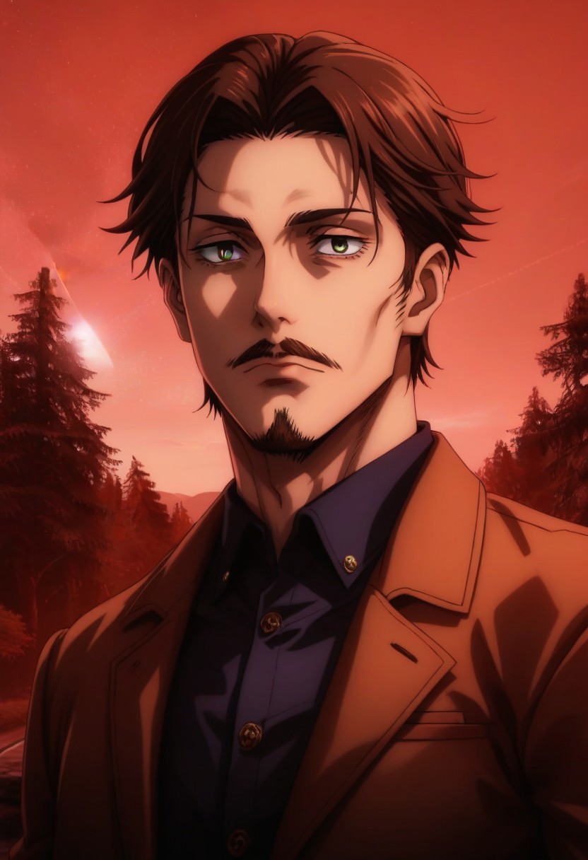 score_9, score_8_up, score_7_up, source_anime, intricate details, anime screencap, perfect balance, official art, extremely detailed CG unity 8k wallpaper, perfect lighting, Colorful, Bright_Front_face_Lighting, (masterpiece:1.0),(best_quality:1.0), ultra high res,4K,ultra-detailed, photography, 8K, HDR, highres, absurdres:1.2, Kodak portra 400, blurry background, bokeh, lens flare, (Anime) (vibrant_color:1.2), professional photograph, night, (good_face:1.2), 2d, anime, upper body, intricate iris, American, Professional character design, 1man, male focus, Green eyes, perfect eyes, (brown hair), (brown facial hair), (brown beard), (Full mustache), ((brown mustache)), (Thick Mustache), (brown beard), (brown beard), white dress shirt, 1970s, tan trench coat, mature, masculine, solo, jujutsu_kaisen_style, character portrait, (Dramatic, Intense, epic, perfect-lighting, lens flare), face, torso, (checkered backdrop), 
 (black and white checker pattern) (gentle Criminal BNHA) (older man) (Middle-aged) (darkened eyes) (medium-length hair) (Charming) (Charismatic) (Gentleman) (Sophisticated) (dapper) ((Dark Black Eyeliner)) (Black Eyeshadow) (Eyes Dark Circles) (Sunken eyes) (exhausted eyes) (Tired eyes) (Shadowy Eyes) (Kind) (Friendly) (Happy) (Outdoors) (Nature) (Sunshine)