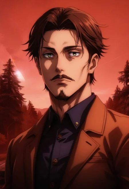 score_9, score_8_up, score_7_up, source_anime, intricate details, anime screencap, perfect balance, official art, extremely detailed CG unity 8k wallpaper, perfect lighting, Colorful, Bright_Front_face_Lighting, (masterpiece:1.0),(best_quality:1.0), ultra high res,4K,ultra-detailed, photography, 8K, HDR, highres, absurdres:1.2, Kodak portra 400, blurry background, bokeh, lens flare, (Anime) (vibrant_color:1.2), professional photograph, night, (good_face:1.2), 2d, anime, upper body, intricate iris, American, Professional character design, 1man, male focus, Green eyes, perfect eyes, (brown hair), (brown facial hair), (brown beard), (Full mustache), ((brown mustache)), (Thick Mustache), (brown beard), (brown beard), white dress shirt, 1970s, tan trench coat, mature, masculine, solo, jujutsu_kaisen_style, character portrait, (Dramatic, Intense, epic, perfect-lighting, lens flare), face, torso, (checkered backdrop), 
 (black and white checker pattern) (gentle Criminal BNHA) (older man) (Middle-aged) (darkened eyes) (medium-length hair) (Charming) (Charismatic) (Gentleman) (Sophisticated) (dapper) ((Dark Black Eyeliner)) (Black Eyeshadow) (Eyes Dark Circles) (Sunken eyes) (exhausted eyes) (Tired eyes) (Shadowy Eyes) (Kind) (Friendly) (Happy) (Outdoors) (Nature) (Sunshine)