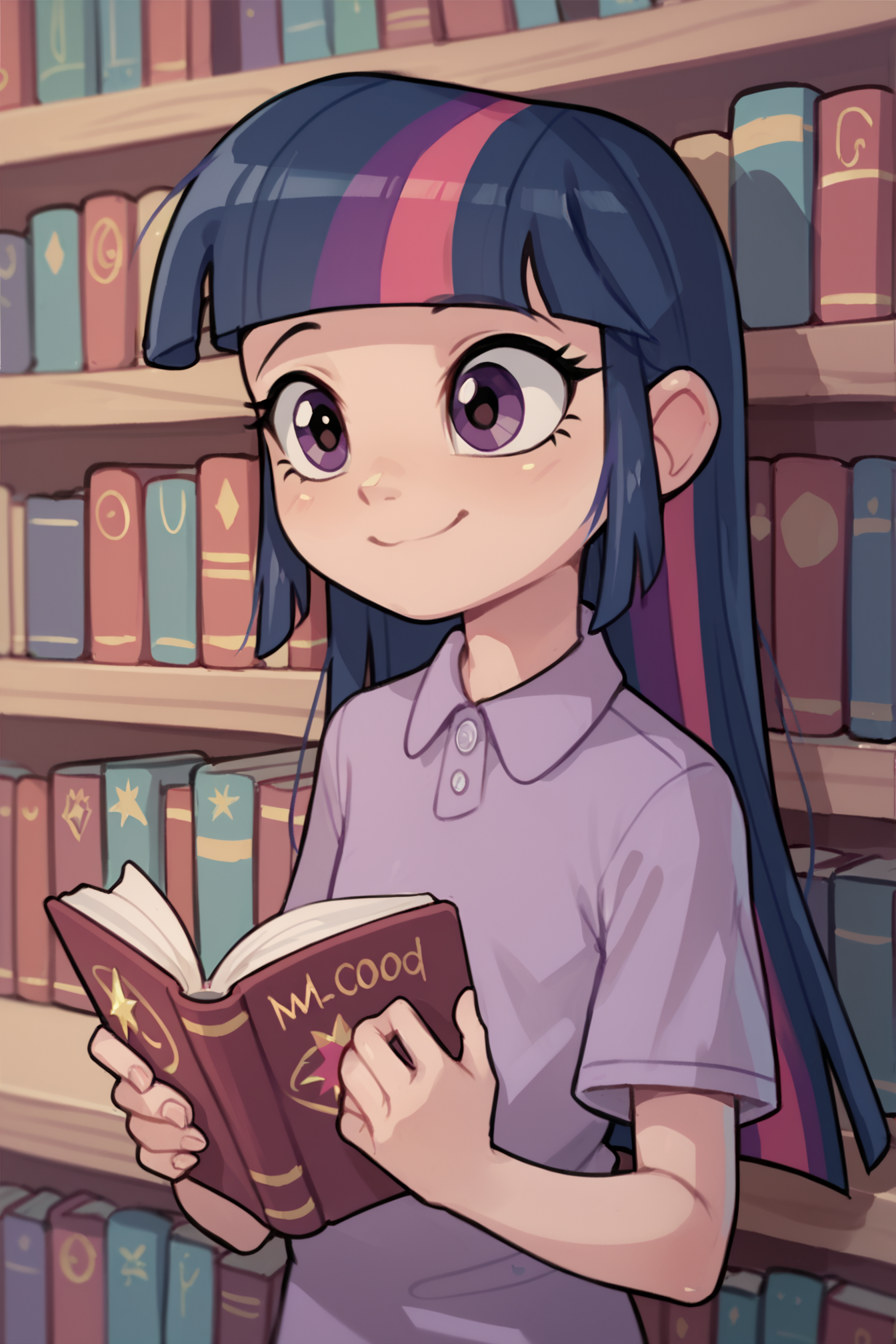 zPDXL3, masterpiece, high quality, yepmelon, score_9, score_8_up, smile, (((cute))), ((young)), solo, 1girl, Twilight Sparkle, purple hair, library, petite, good hands, (good anatomy), (reading book),  , <lora:Pony_QualityV4.0:1>,<lora:Yep_Melon_Style-000014:1>
