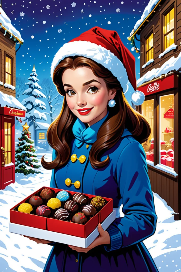 christmas pop art, belle, chocolate truffles, cozy and comforting,filled with joy and laughter,wholesome and heartwarming, led lights, peaceful scenes of quiet snowfall