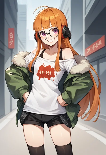 score_9, score_8_up, score_7_up, source_anime BREAK 1girl, solo,  <lora:zs_FutabaXL:1>  futabadef, orange hair, long hair, blunt bangs, glasses, ahoge, purple eyes, behind-the-head headphones, white shirt, green fur-trimmed jacket, off shoulder jacket, black shorts, black thighhighs, black knee boots
cowboy shot, grin, standing, looking at viewer, hands on hips, city