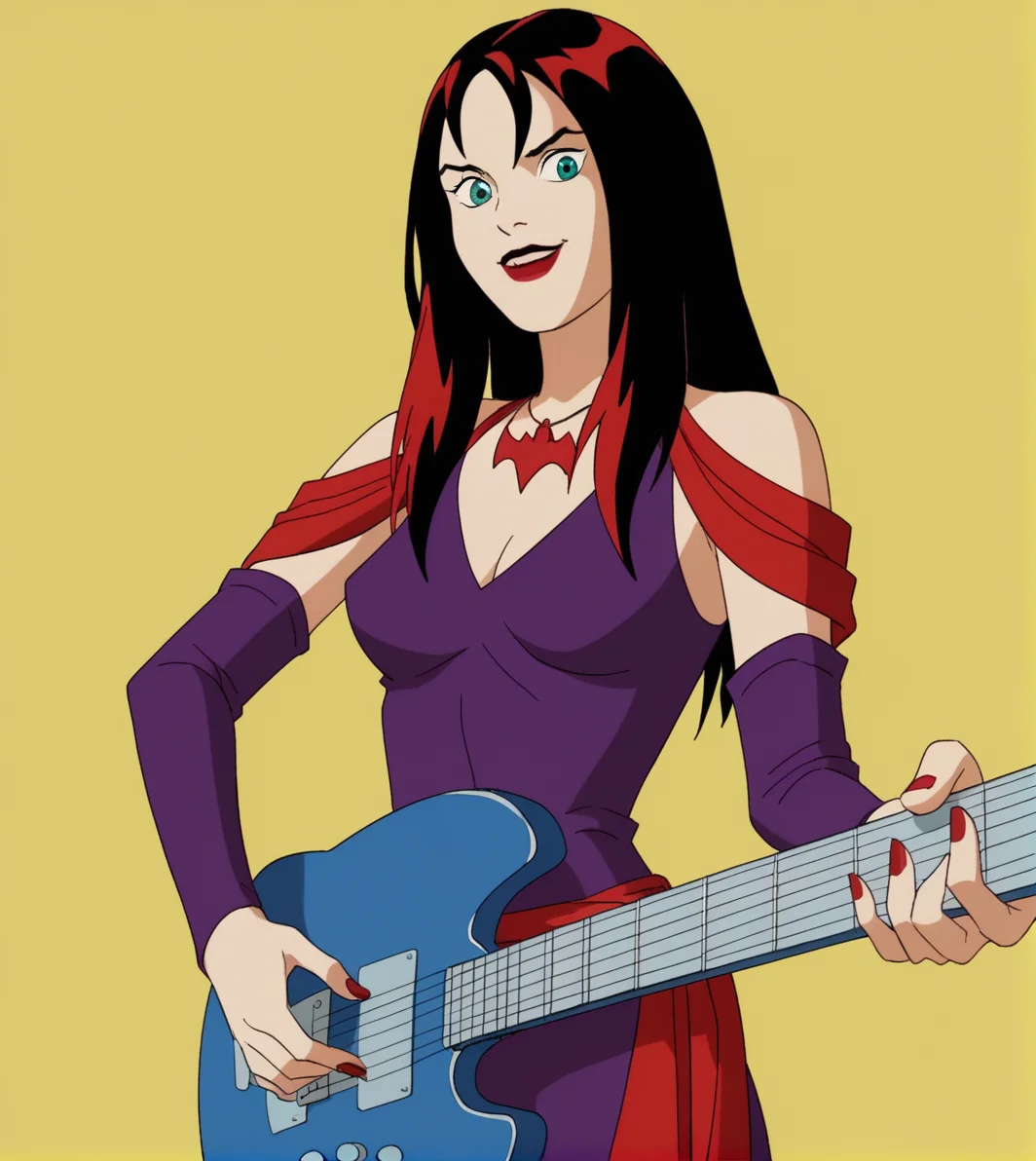 score_9,score_8_up, score_7_up,
hexthorn, 1girl, solo, long black hair with red highlights,
green eyes, purple dress with red draped sleeves, red bat necklace,
playing guitar, holding guitar, yellow background,
retro_artstyle, cartoon, source_cartoon, 1990s_style,
<lora:Thorn_The_Hex_Girls:.9>