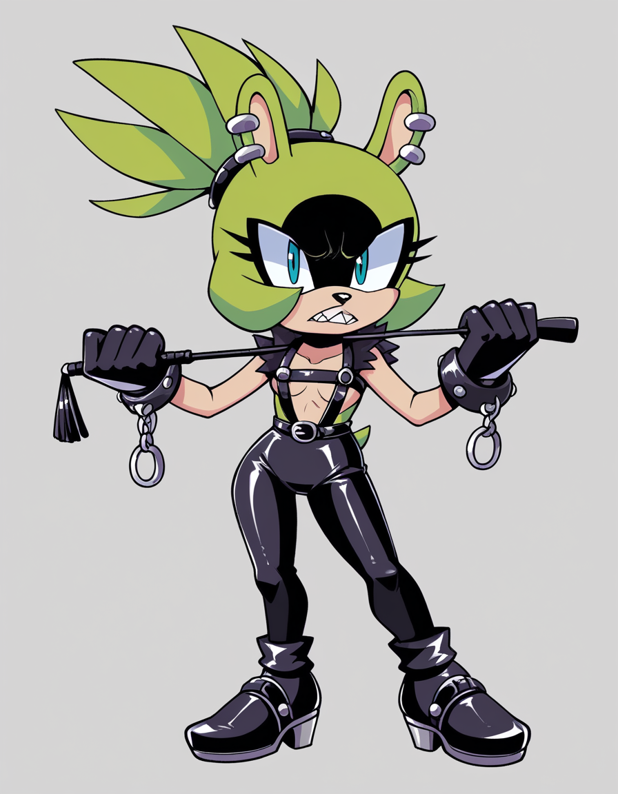 zPDXL, score_9, score_8_up, score_7_up, score_6_up, score_5_up, source_anime, 4k, absurdres, 1girl, solo,
<lora:Surge_v2mini_LoCon:0.8> surge the tenrec, (green fur), (black fur), (two-tone fur), aqua eyes, black eyeshadow, long quills, shaded face, quills up, high ponytail,
sharp teeth, petite, small breasts, (dominatrix wearing Silk bodysuit with harness straps, silk robe with fur trim, silk blindfold, silk ankle cuffs, leather gloves, leather riding crop with a braided handle and flexible shaft), frown, angry, looking at viewer,