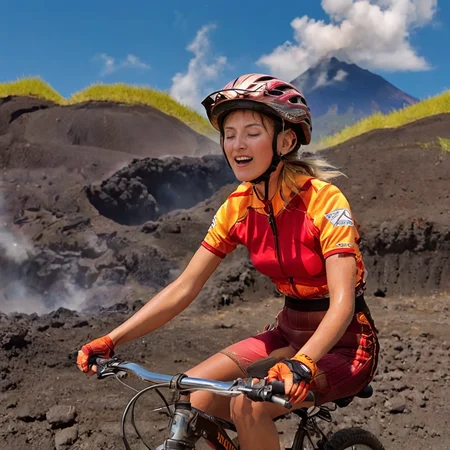 <lora:guatemala:1.25> a woman with closed eyes riding a bike a volcano in the background, tack sharp, 4k, masterpiece