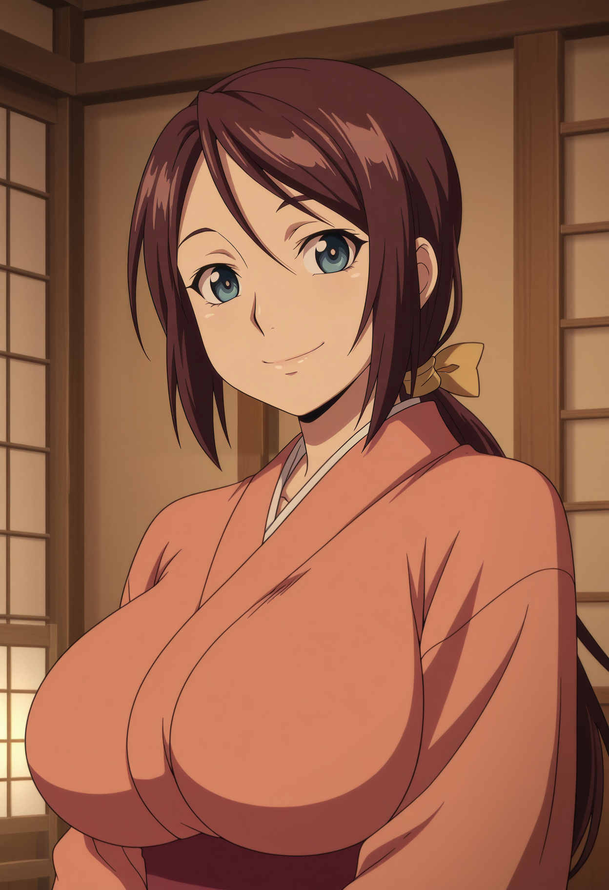 1girl,solo,mm,mature female,long hair,brown hair,ponytail,blue eyes,large breasts,anime coloring,
japanese clothes,kimono,upper body, looking at viewer, smile,indoors
,masterpiece,best quality,amazing quality,<lora:Okami-Manyuu_Hikenchou:0.8>
