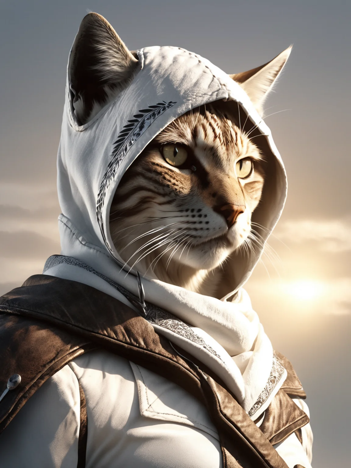 best quality, masterpiece, raw photo, 8k uhd,soft lighting,film grain, detail skin, a cat wear a white custome with a hood in head, focus face, blurry background is sky and eagle,<lora:doumao-000020:0.9>