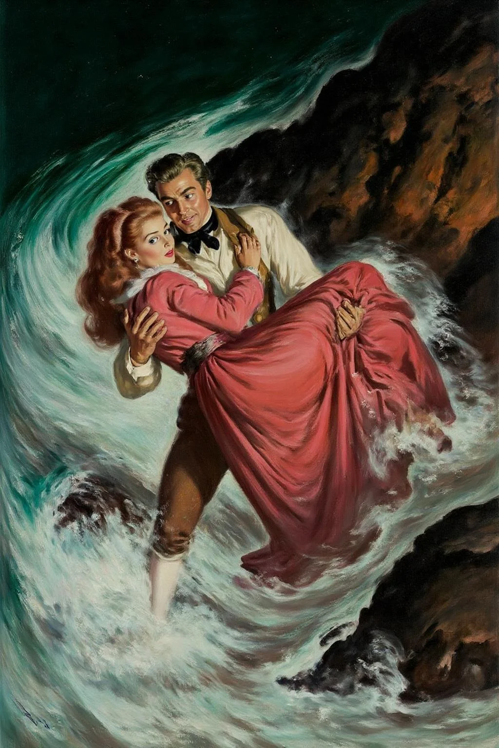 walterbaumhofer1 painting.
A man and a woman, wearing period clothing, stand amidst turbulent ocean waves. The woman, in a flowing red gown, is carried by the man, who wears a white shirt and a black cravat. Dark, rocky cliffs and a swirling sea surround them.
<lora:walterbaumhofer1_cap_d8a4e12:1.0><lora:849110145941148928:0>