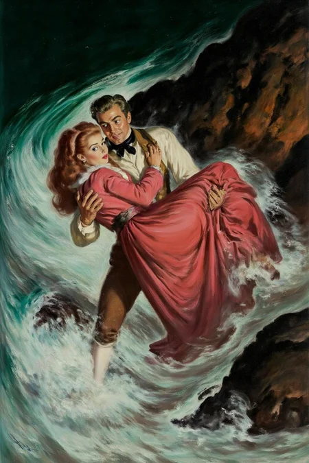 walterbaumhofer1 painting.
A man and a woman, wearing period clothing, stand amidst turbulent ocean waves. The woman, in a flowing red gown, is carried by the man, who wears a white shirt and a black cravat. Dark, rocky cliffs and a swirling sea surround them.
 <lora:walterbaumhofer1_cap_d8a4e12:1.0><lora:849110145941148928:0>