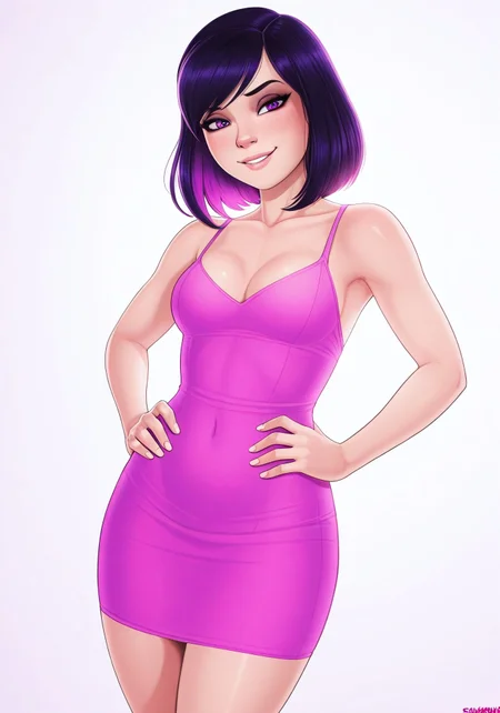 masterpiece, best quality, newest, absurdres, highres, 1girl, solo, amazing quality, good lighting,
looking at viewer, hands on hips, smiling, dynamic pose, dynamic angle, peace sign, safe for work, sfw, elegant pose, dress, medium build, purple hair, glossy lips,
(soft skin shading:1.4), (glistening highlights:1.3), (detailed hands:1.3), (smooth shading:1.4), (bold outlines:1.3), (soft lighting:1.3), (vibrant colors:1.4),
dynamic angle, foreshortening, eyes half closed, seductive smile, shadman