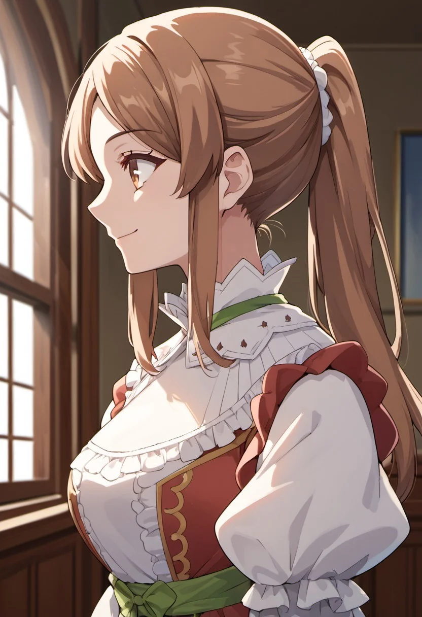 score_9, score_8_up, score_7_up, source_anime, tiona rudolvon, brown hair, brown eyes, long hair, 1girl, solo, ponytail, puffy sleeves, profile, dress, indoors, smile, window, upper body, juliet sleeves