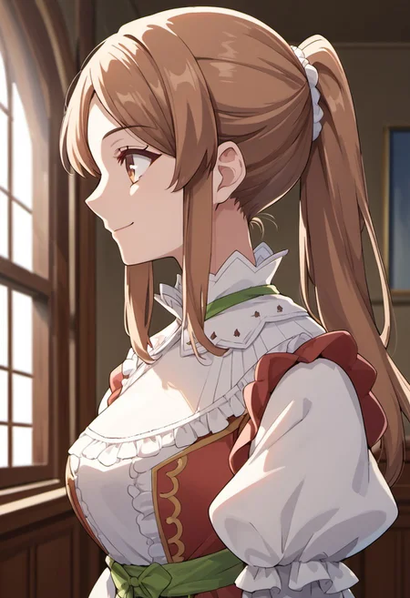 score_9, score_8_up, score_7_up, source_anime, tiona rudolvon, brown hair, brown eyes, long hair, 1girl, solo, ponytail, puffy sleeves, profile, dress, indoors, smile,  window, upper body, juliet sleeves