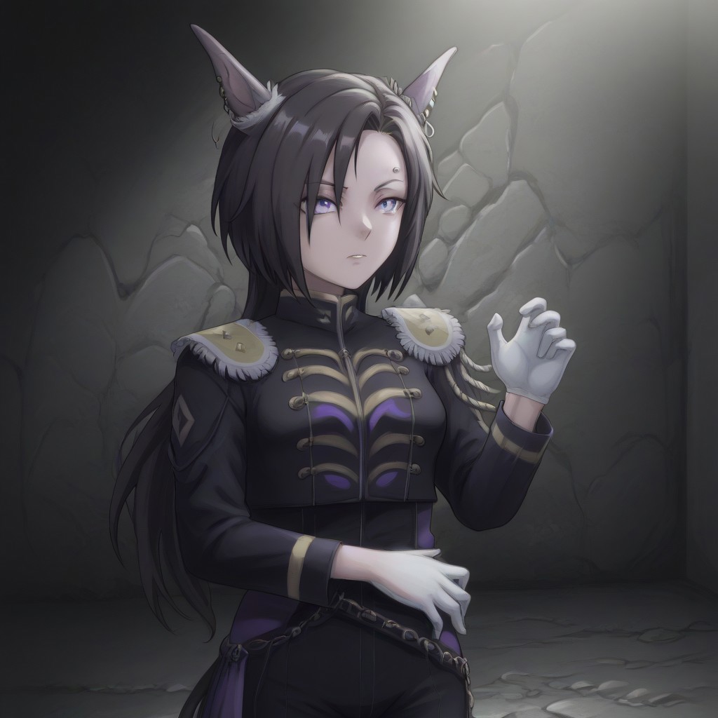 Naruto_Manda, (hybrid snake human), female, purple religious tunic, sleeves, hood, scaly skin, (scales:2), green eyes, reptile eyes, inside cave, human bones on floor, jewelry, holding human skull, airshakurprime, low wings, horse tail, sharp teeth, horse ears, ear ornament, single ear cover, horns, heterochromia, purple eyes, yellow eyes, black jacket, epaulettes, aiguillette, long sleeves, white gloves, black pants, eyebrow piercing, ear piercing
