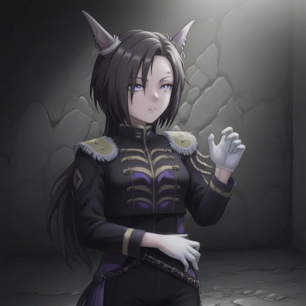 Naruto_Manda, (hybrid snake human), female, purple religious tunic, sleeves, hood, scaly skin, (scales:2), green eyes, reptile eyes, inside cave, human bones on floor, jewelry, holding human skull, airshakurprime, low wings, horse tail, sharp teeth, horse ears, ear ornament, single ear cover, horns, heterochromia, purple eyes, yellow eyes, black jacket, epaulettes, aiguillette, long sleeves, white gloves, black pants, eyebrow piercing, ear piercing