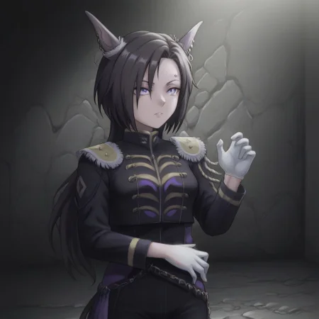Naruto_Manda, (hybrid snake human), female, purple religious tunic, sleeves, hood, scaly skin, (scales:2), green eyes, reptile eyes, inside cave, human bones on floor, jewelry, holding human skull, airshakurprime, low wings, horse tail, sharp teeth, horse ears, ear ornament, single ear cover, horns, heterochromia, purple eyes, yellow eyes, black jacket, epaulettes, aiguillette, long sleeves, white gloves, black pants, eyebrow piercing, ear piercing