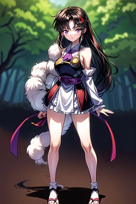 masterpiece, best quality 1girl Setsun4 solo long hair, (night time) forest background black hair very long hair purple eyes multicolored hair armor (fur trim) (medium body),<lora:EMS-179-EMS:0.800000>,<lora:EMS-293862-EMS:0.800000>ascot, bare shoulders, black footwear, detached sleeves, embellished costume, frills, japanese clothes, nontraditional miko, red skirt, sandals, sarashi, skirt, socks, armor, miko