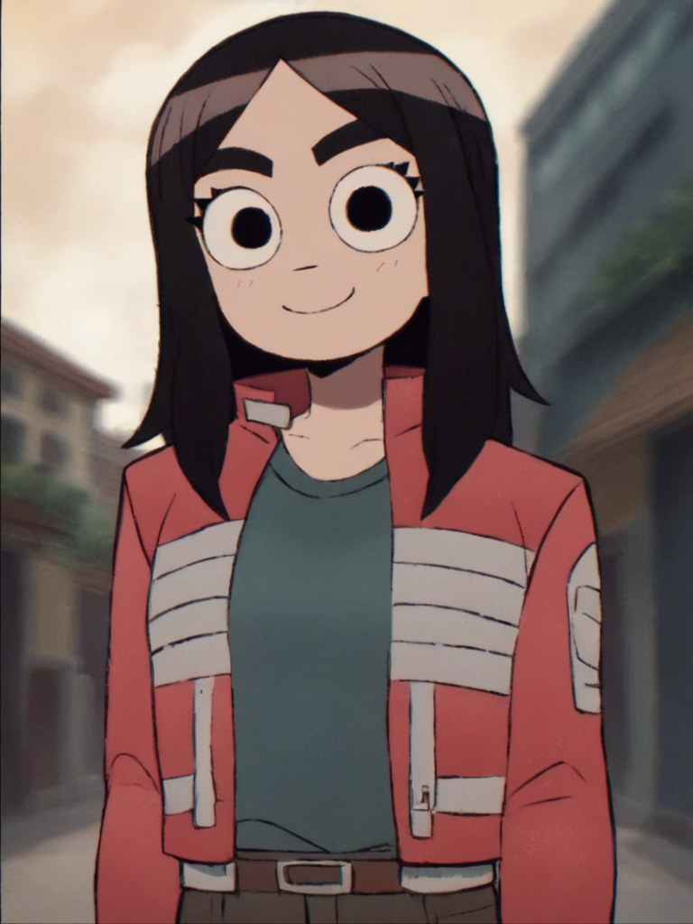 <lora:StaceyPilgrimPony1.0:1> staceypilgrim, black hair, 1girl, black eyes, solo, long hair, shirt, bangs, thick eyebrows, red jacket, smile, looking at viewer,smile, cowboy shot,, score_9, score_8_up, score_7_up, score_6_up