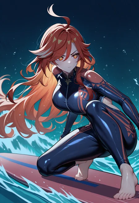 masterpiece, best quality, newest, absurdres, highres, 1girl, mavkRnd, symbol-shaped pupils, red eyes, large breasts, red hair, long hair, ahoge, <lora:Mavuika_illusXLNoobAI_Incrs_v2-000009:1>,
bodysuit, wetsuit, diving suit, alternate costume,
surfing, barefoot, surfboard, action, stance, dark, anime, motion lines, motion blur, dynamic pose,