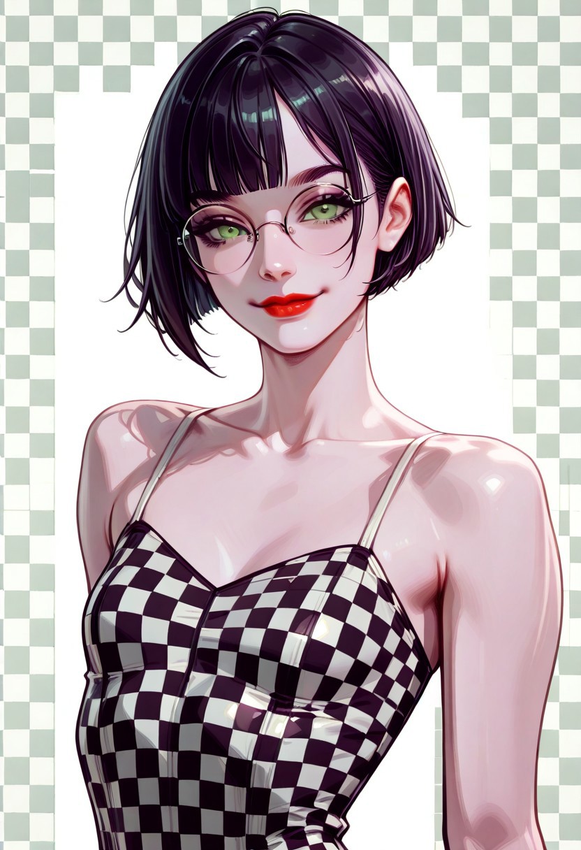 masterpiece, best quality, 32k, high resolution, absurdres, JeddtlIL, dtlys, hyper-detailed, Polly, PollyRH, short hair, bobcut, black hair, bangs, green eyes, small breasts, almost flat chest, slim, pale skin, big round eyeglasses, clear eyeglasses lenses, red lipgloss, Checkered background [black-white], checkered tube dress [red-black] , tight dress, pinup pose, little smile, closed mouth, shadow, aesthetic