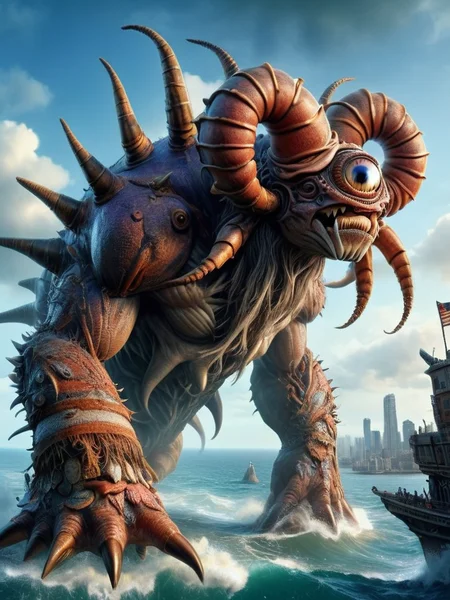 masterpiece, official art, unity 8k wallpaper, ultra detailed, beautiful and aesthetic, (photo taken with ektachrome:1.5),(realistic:1.3) , (exquisitely detailed skin), ((giant monster Shark mixed hermit crab)),kaiju, (Destroy the city at day time), sky high, cyclops <lora:cyclops:1>
