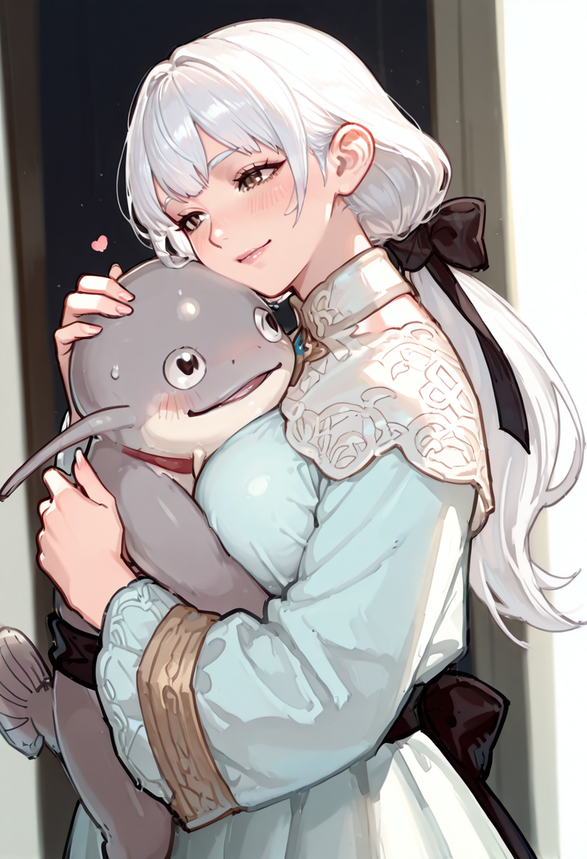 1girl hugging 1other,1other<lora:namazuIL4:1>namazu,1girl,ameliance,solo,brown eyes,white hair,bow,ponytail,mature female<lora:amelianceILv6:0.8>blush,tall female,hug, very awa, masterpiece, best quality, amazing quality, very aesthetic, absurdres, sensitive, newest <lora:spo_sdxl_10ep_4k-data_lora_webui:0.7>,