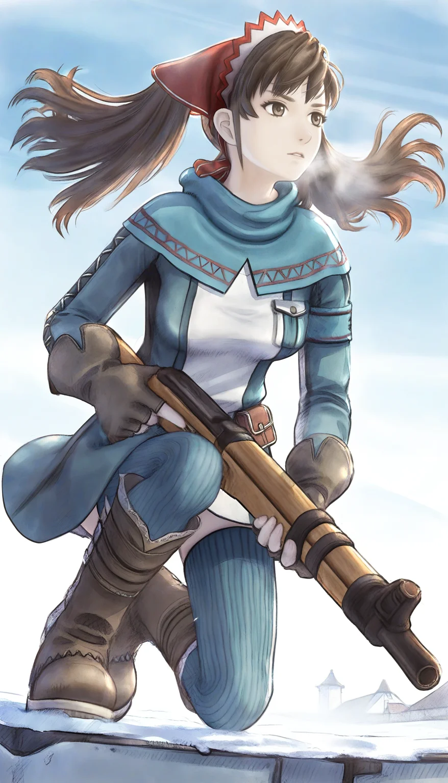 masterpiece,best quality,amazing quality,
<lora:aliciamelchiottNAI:1>,aliciamelchiott,
1girl,solo,brown hair,twintails,bangs,brown eyes,headdress,cyan shawl,cyan and white dress,brown belt,
brown fingerless gloves,
cyan thighhighs,
brown boots,
full body,squatting,from below,leaning forward,looking ahead,serious,parted lips,flowing hair,holding rifle,
outdoors,blue sky,white house in the background,cold tone,fog,mist,winter,