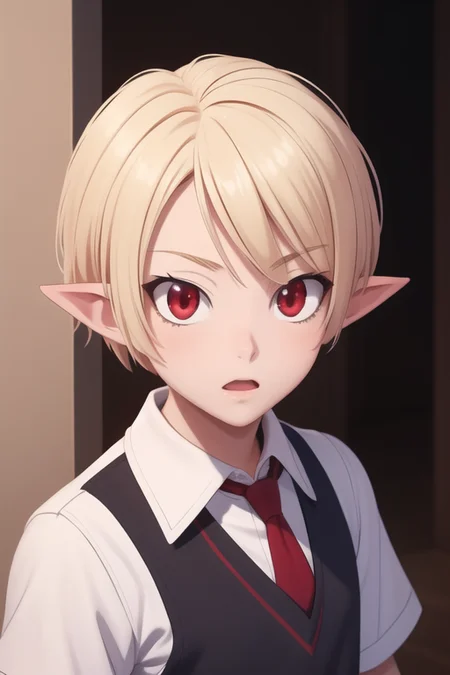 masterpiece, best quality, high quality, 1boy, solo, male focus, looking at viewer, upper body, <lora:gasper_vladi:0.58>, gasper_vladi, pointy ears, blonde hair, red eyes, , school uniform