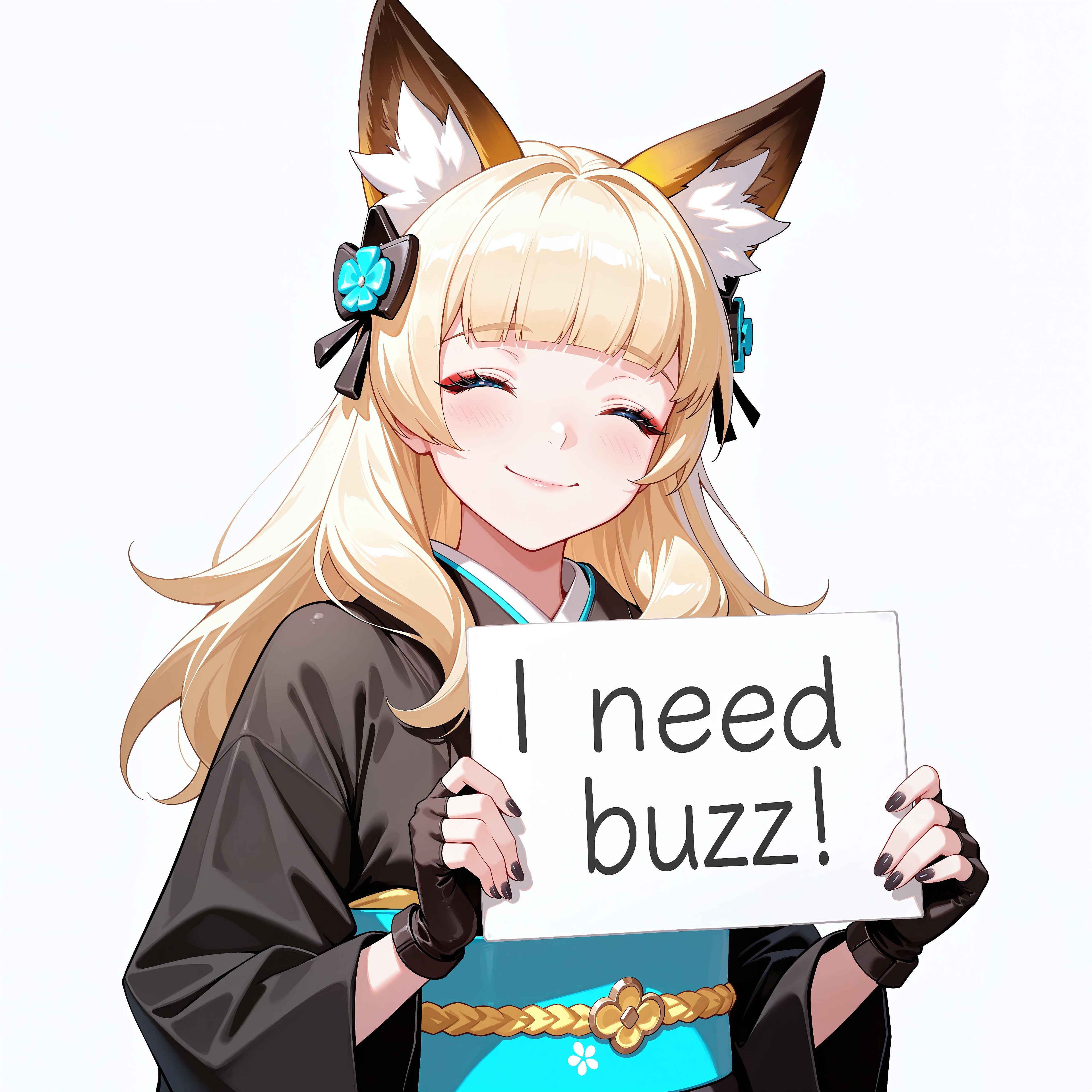 score_9, score_8_up, score_7_up, score_6_up, anime, beautiful, stunning, masterpiece, best quality, amazing quality,

need_buzz, holding sign, need_buzz

mercy (overwatch), 1girl, blonde hair, blue eyes,

1girl, animal ears, solo, fingerless gloves, closed eyes, fox ears, gloves, black gloves, long hair, japanese clothes, smile, black kimono, animal ear fluff, kimono, long sleeves, wide sleeves, own hands together, fox girl, facing viewer, blunt bangs, upper body, obi, sash, closed mouth, hair ornament, simple background, black nails,











