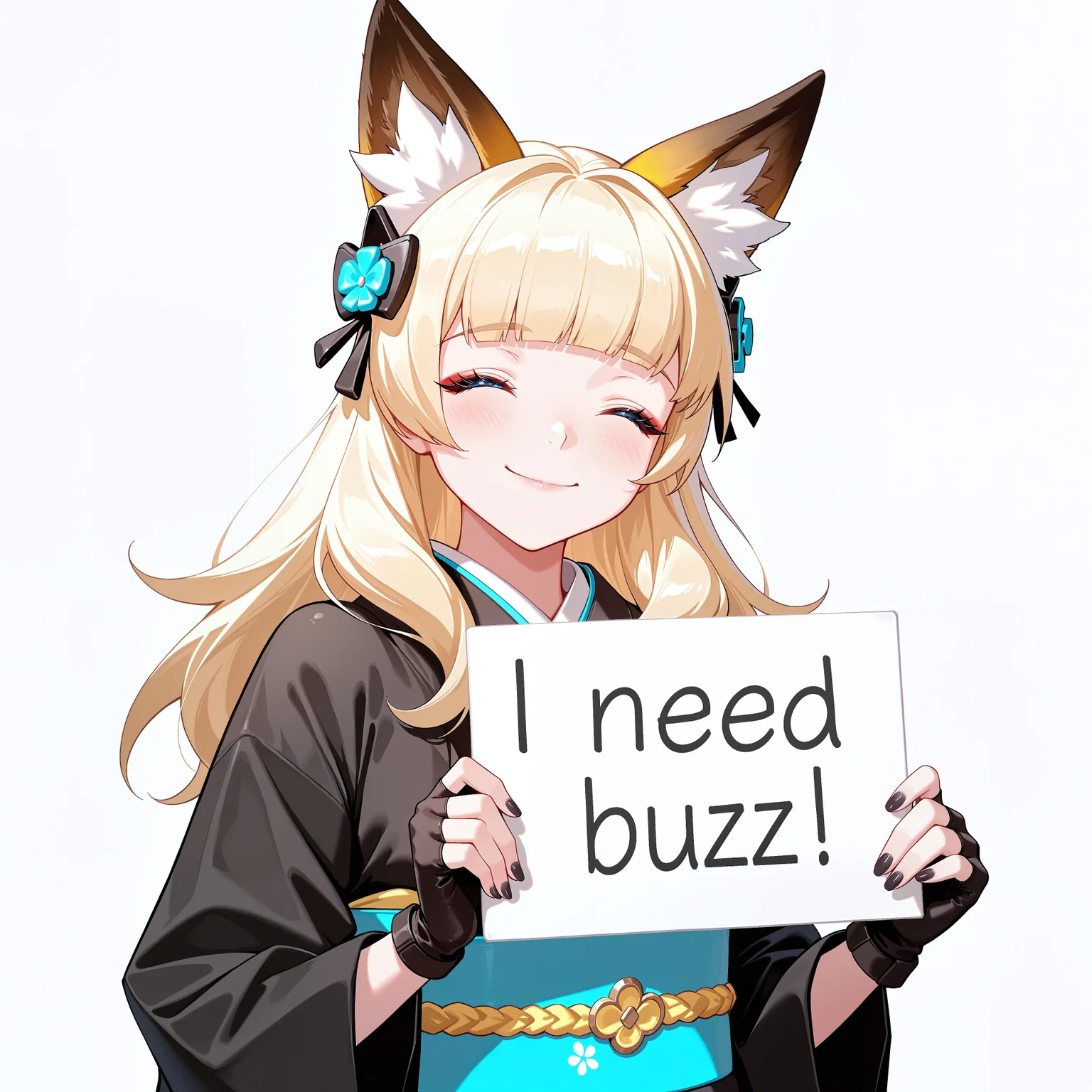 score_9, score_8_up, score_7_up, score_6_up, anime, beautiful, stunning, masterpiece, best quality, amazing quality,
need_buzz, holding sign, need_buzz
mercy (overwatch), 1girl, blonde hair, blue eyes,
1girl, animal ears, solo, fingerless gloves, closed eyes, fox ears, gloves, black gloves, long hair, japanese clothes, smile, black kimono, animal ear fluff, kimono, long sleeves, wide sleeves, own hands together, fox girl, facing viewer, blunt bangs, upper body, obi, sash, closed mouth, hair ornament, simple background, black nails,