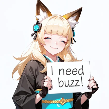 score_9, score_8_up, score_7_up, score_6_up, anime, beautiful, stunning, masterpiece, best quality, amazing quality,
need_buzz, holding sign, need_buzz
mercy (overwatch), 1girl, blonde hair, blue eyes,
1girl, animal ears, solo, fingerless gloves, closed eyes, fox ears, gloves, black gloves, long hair, japanese clothes, smile, black kimono, animal ear fluff, kimono, long sleeves, wide sleeves, own hands together, fox girl, facing viewer, blunt bangs, upper body, obi, sash, closed mouth, hair ornament, simple background, black nails,