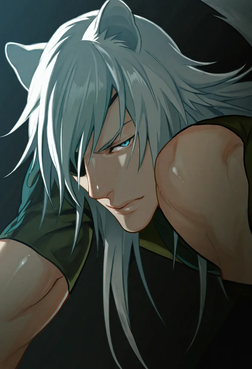 1boy, male focus, Rai_L, Rai_L_silver_long_hair, Rai_L_blue_eyes, Rai_L_wolf_ears, Rai_L_eye_patch, Rai_L_wolf_tail, Rai_L_shirt, portrait, mouth closed in a subtle pout, lips pressed together, close up:2.8, dynamic seductive pose, dynamic angle, slightly from side, dutch angle, masterpiece, best quality, amazing quality, ultra-detailed, very awa, dark theme, intrinsic background, high contrast, absurdres, cinematic lighting, realistic shading, intricate details, shiny skin, newest, 8k resolution, octane render, <lora:Lamento_Rai:0.8>