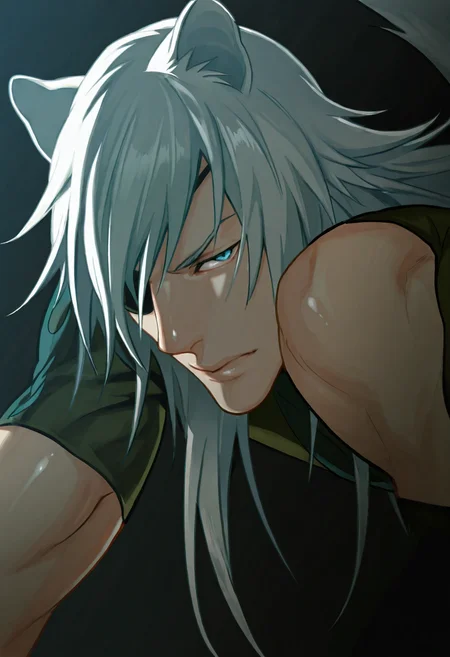1boy, male focus, Rai_L, Rai_L_silver_long_hair, Rai_L_blue_eyes, Rai_L_wolf_ears, Rai_L_eye_patch, Rai_L_wolf_tail, Rai_L_shirt, portrait, mouth closed in a subtle pout, lips pressed together, close up:2.8, dynamic seductive pose, dynamic angle, slightly from side, dutch angle, masterpiece, best quality, amazing quality, ultra-detailed, very awa, dark theme, intrinsic background, high contrast, absurdres, cinematic lighting, realistic shading, intricate details, shiny skin, newest, 8k resolution, octane render, <lora:Lamento_Rai:0.8>