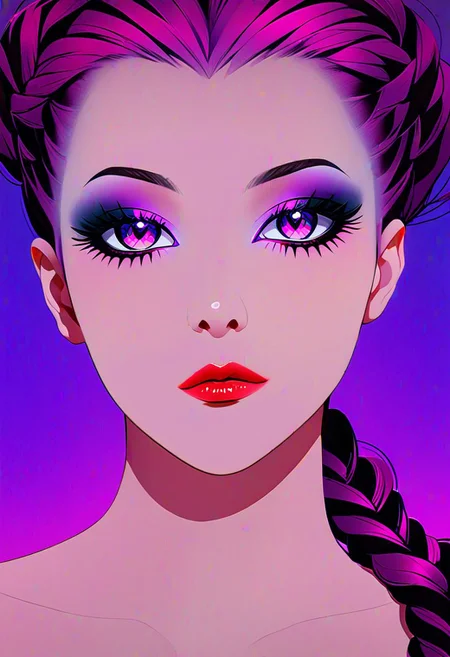 neo noir style portrait of a beautiful woman painted on wall with light, stunning beauty, soft light, pastel colors ,black and purple hair, dark punk, heavy makeup, line art, postmodernism, neo noir, simple background, glowing lips, lips closed, light smile, masterpiece, natural style, braided mohawk,, realistic and detailed eyes, beautiful eyes, amazing eyes,kawaii makeup dark makeup, nerd, red glowing lips, bangs,